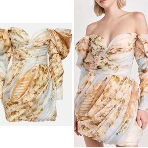 Zimmerman Luminosity off the shoulder Draped Print Linen Dress